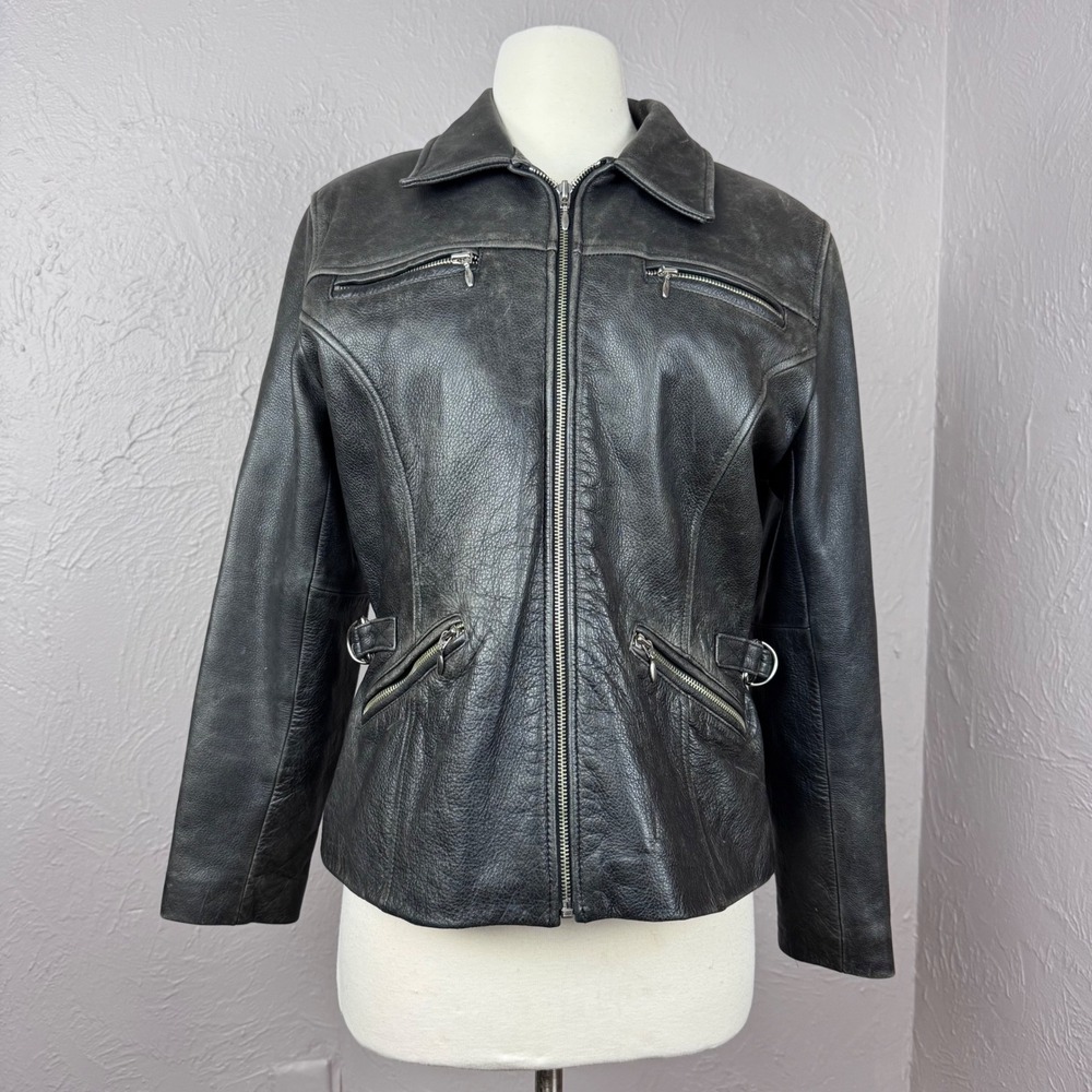 Vintage Avanti Heavyweight Black Leather Moto Jacket Womens Size M Y2K 90s